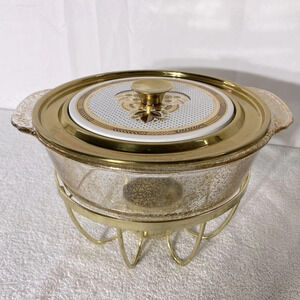 Vintage Anchor Hocking Fire King Gold Fleck Casserole & Stand Georges Briard Lid